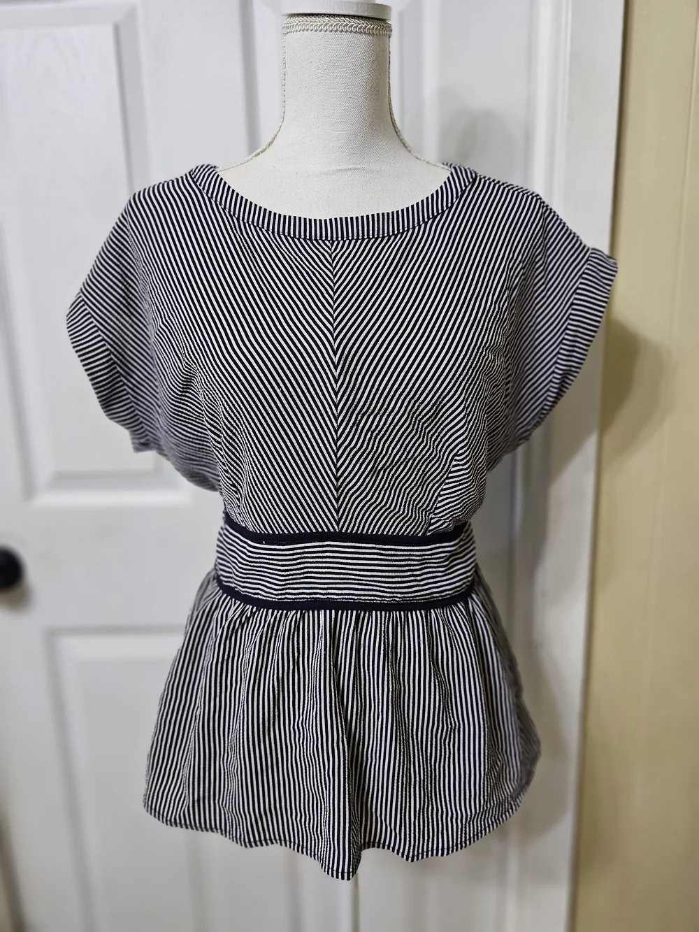 Monteau Navy & White Striped Peplum Blouse - Picture 1 of 8